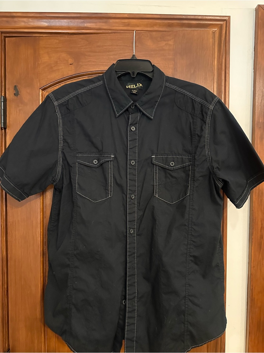 Helix Black Short-Sleeve Button-Down Shirt with Contrast Stitching